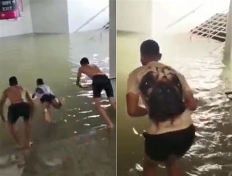 Uran Railway Station subway Turns Swimming Pool local teenagers swim in ...