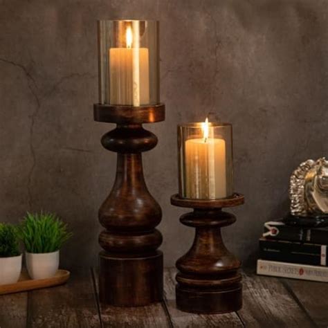 Buy Vudy Decorative Wooden Pillar Candle Stand, Set of 3 – Hand Crafted ...