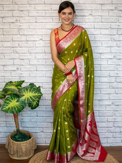 Banarasi Semi Chiffon Saree Silver Zari Buti Weaving & Contrast Border