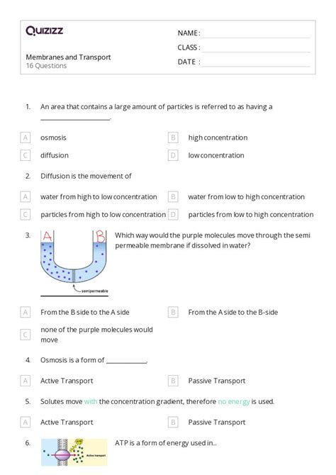 50+ membranes and transport worksheets for 11th Class on Quizizz | Free ...