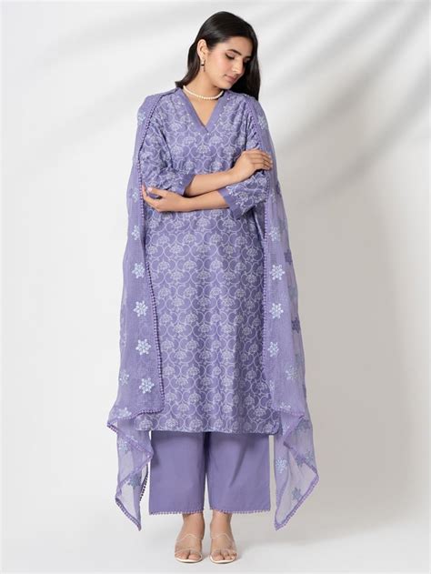 Buy Lavender Hand Block Printed Chanderi Suit - Set of 3 | SSE56 ...