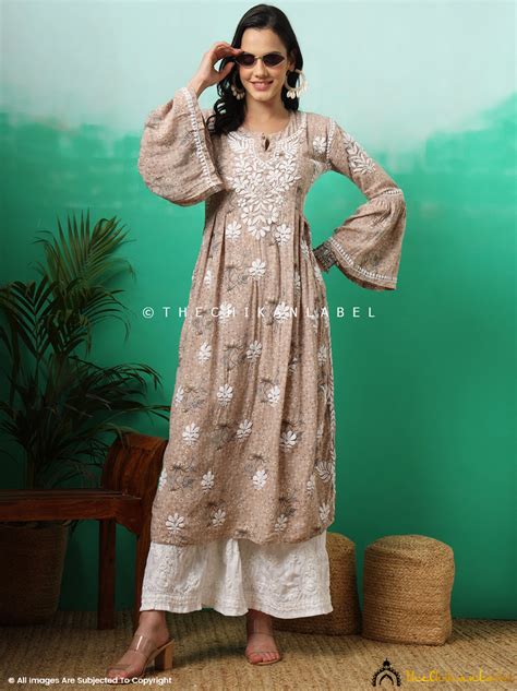 Zoha Mulmul Cotton Chikankari A-Line Kurti - Beige | The Chikan Label