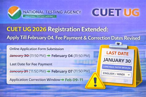 CUET UG 2026 Registration Deadline Extended by NTA Check Revised Dates ...