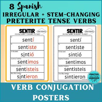 Spanish PRETÉRITE Irregular & Stem-Changing Verb Conjugation Charts Posters
