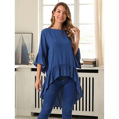 Women's High Low Tops 3/4 Bell Sleeve Round Neck Keyhole Back Casual ...