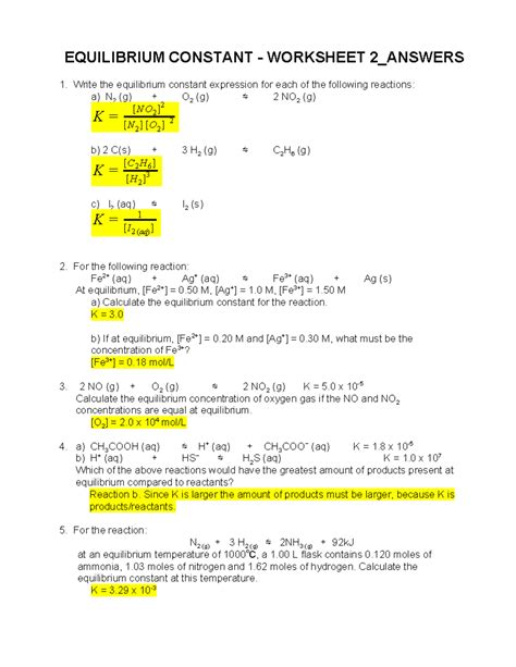 03 Equilibrium Constant Worksheet 2 Answers - EQUILIBRIUM CONSTANT ...
