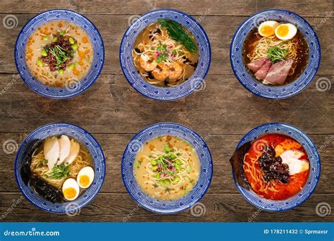 Set of Different Types of Japanese Ramen, Tantanmen, Shio Ramen Stock ...