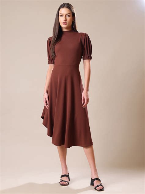 Purvaja Women's Knee Length Flared Brown Dress