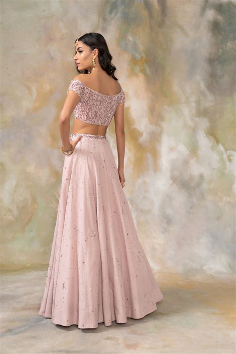 Pink Embellished Off Shouldered Blouse And Lehenga Set – Pooja Peshoria