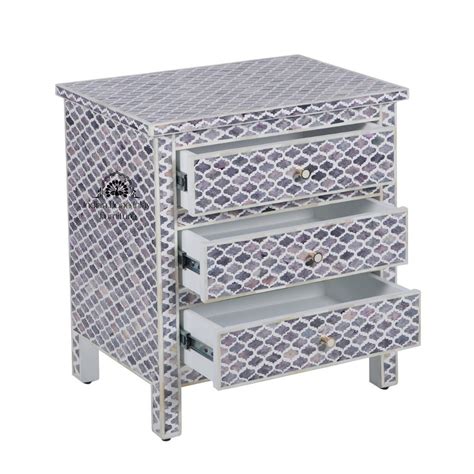 Bone Inlay Large 3 Drawer Bedside Table – Moroccan Grey – Indian Bone Inlay