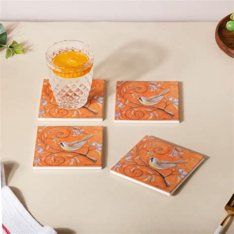 Tufted Bird Ceramic And Cork Coster Set Of 4