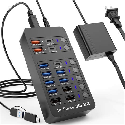 Amazon.com: Zeroffi Powered USB Hub, 14 Ports USB Splitter Hub (10 ...