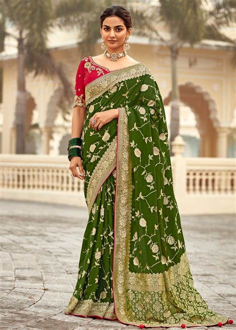 Hand Embroidery Work Banarasi Silk Bottle Green Bridal Saree Online ...
