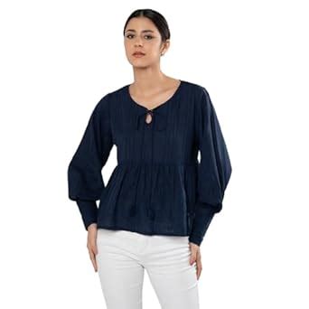 Buy Zlaata Blue Cotton Tops for Women Peplum Style | Tie Up Neck | Long ...