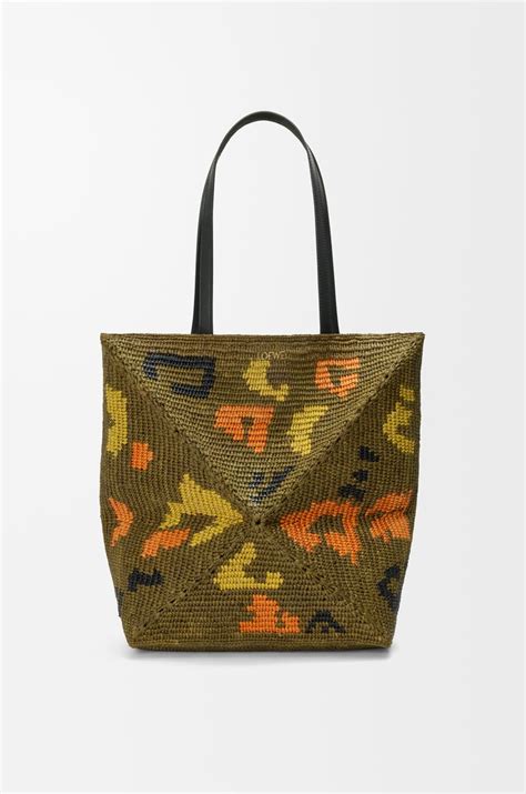 Bolso Puzzle Fold tote grande en rafia y piel de ternera Verde - LOEWE