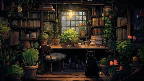 Cozy Bookstore Art with a Black Cat and Plants
