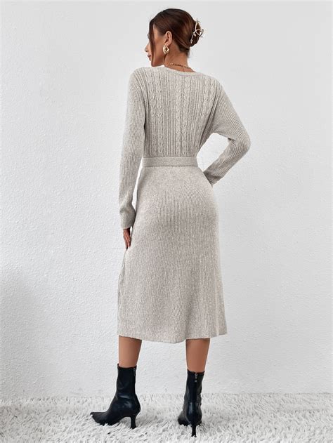 SHEIN Frenchy Cable Knit Belted Sweater Dress | SHEIN USA