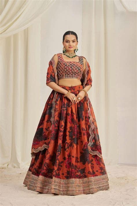 ORANGE COLOR ORGANZA BASE FLORAL LEHENGA CHOLI SET WITH ZARI, DORI & S ...