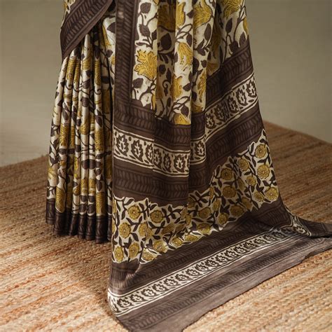 Brown Modal Silk Hand Block Print Bagru Saree