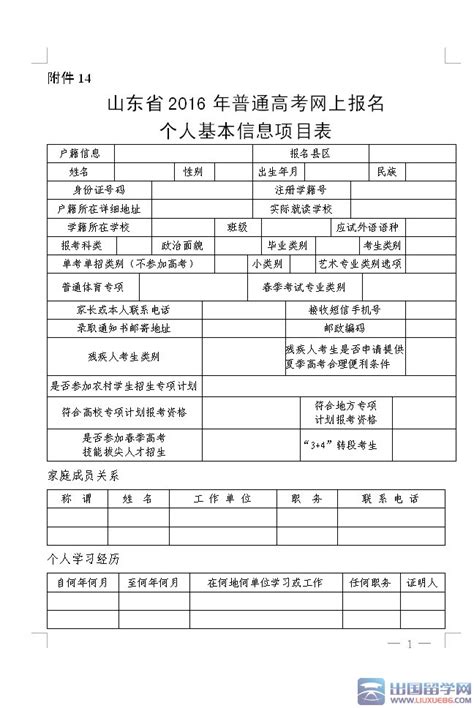 山东2016高考网上报名个人基本信息项目表