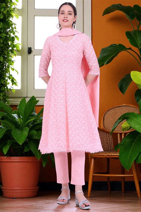 Buy Orange Embroidered Cotton Blend Anarkali with Trousers & Dupatta ...