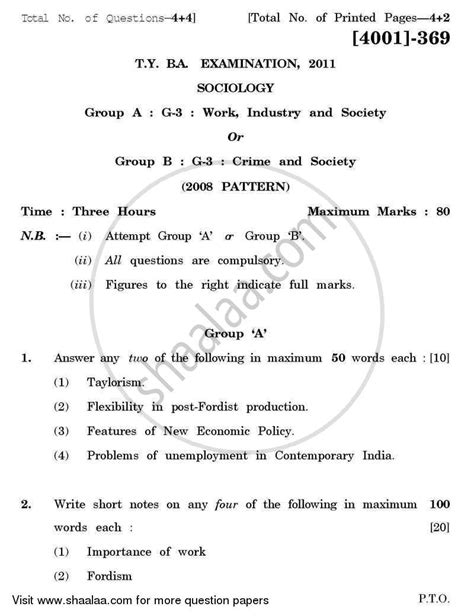 Sociology General Paper 3- Work and Society 2011-2012 BA Sociology 3rd ...
