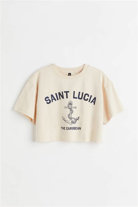 Cropped printed T-shirt - Light beige/Saint Lucia - Ladies | H&M IN