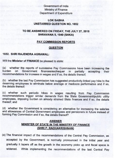 Pay Commission Reports - LS - Q & A (27-07-2018)