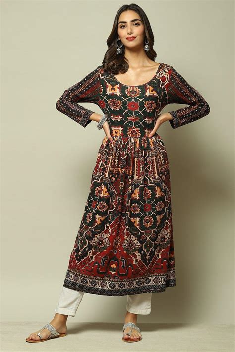 Rust Cotton Blend Flared Printed Dress