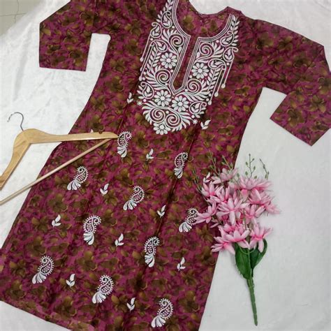 Cotton Silk Chikankari Machine Work Kurti - Cherry Colour – Chikankaar