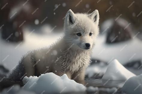 Premium Photo | Cute white wolf baby playing in winter snow generative ai