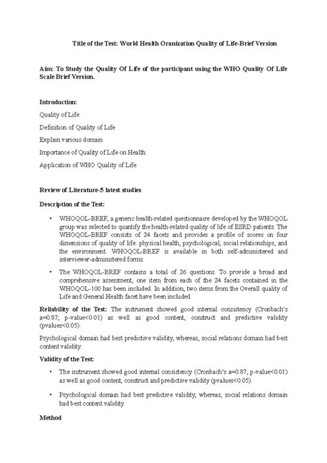 World Health Organisation Quality of Life Questionnaire - Title of the ...
