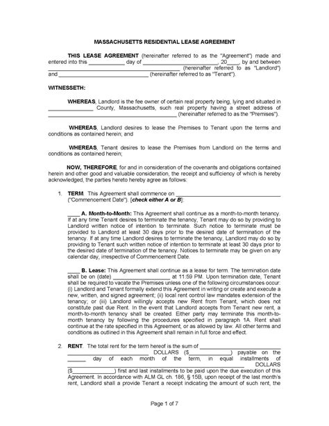 Free Massachusetts Rental Lease Agreement Templates | PDF | Word