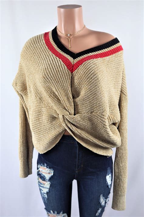 Twisted Light Brown Sweater - Striped twist front chenille sweater top.
