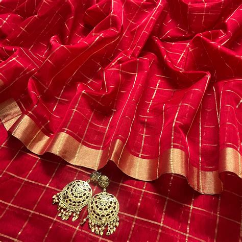 Red maheshwari saree with zari checks all over – Roots Handloom