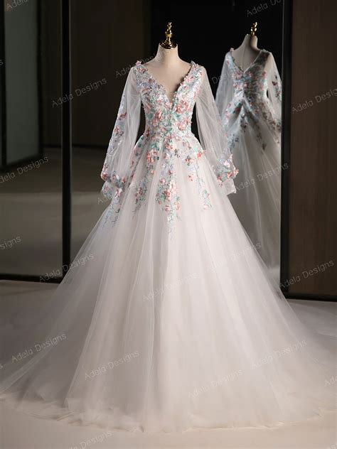 Floral Ball Gown Wedding Dress Long Sleeves – Adela Designs