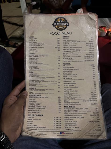 Menu at St. Anthony's, Calangute