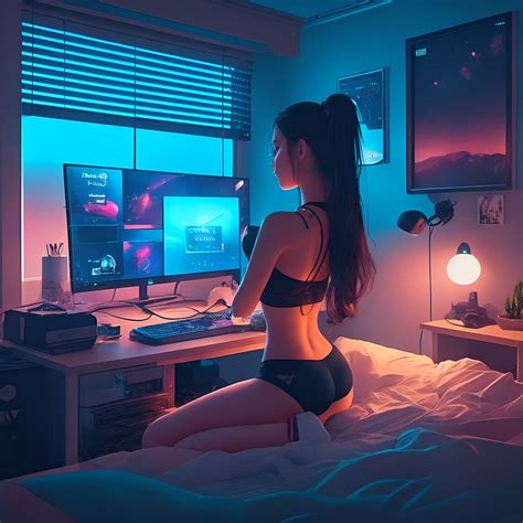 ArtStation - Hot E-girl Streaming lewd | AI generated x2 ---glowing night setup #2