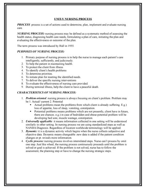 NF UNIT V - NSG Process - UNIT-V NURSING PROCESS PROCESS: process is a ...