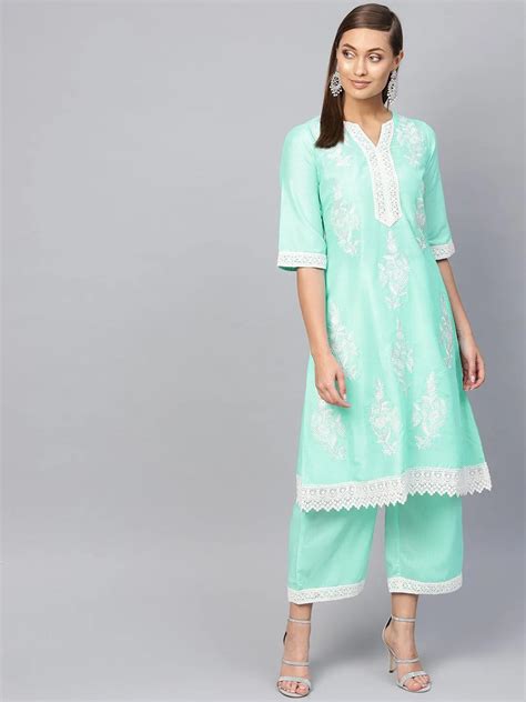 Buy Green Embroidered Muslin A-Line Kurta With Palazzos Online at Rs ...
