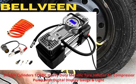 Bellveen Double Cylinders 12V DC Heavy Duty Metallic Tyre Inflator Air ...