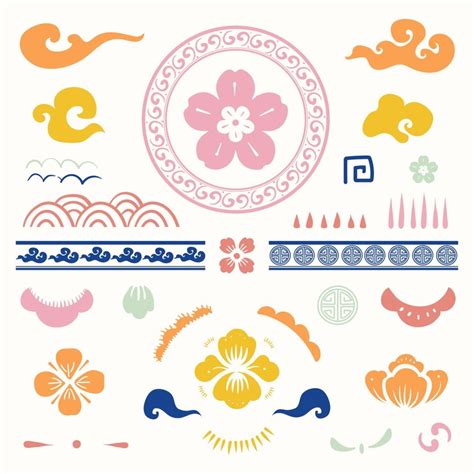 Colorful chinese traditional flowers type set | Free Vector