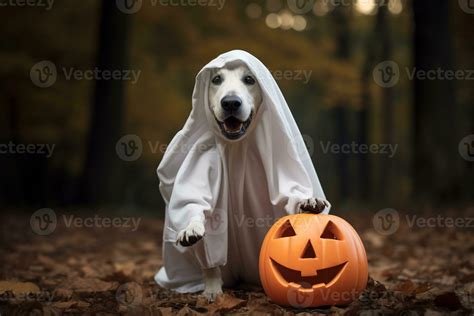 Halloween theme. dog in ghost costume with pumpkins on dark background ...