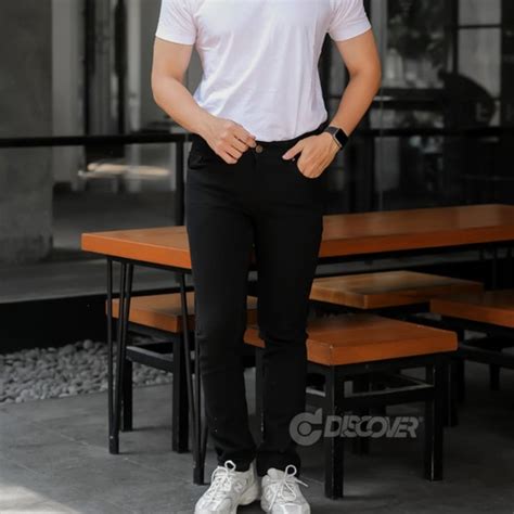 Jual Celana jeans pria slimfit skinny pensil melar stretch hitam black ...