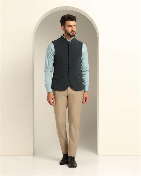 Buy Bandhgala Formal Bottle Green Textured Waistcoat