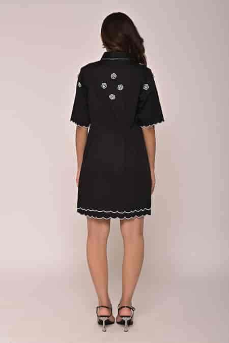 Buy Black Cotton Satin Embroidery Collared Floral Scallop Hem Dress For ...