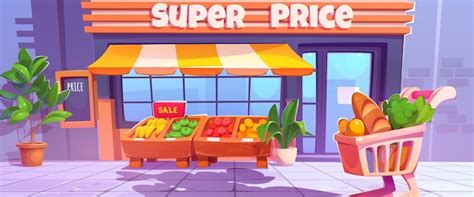 Grocery store exterior with cart on sidewalk | Free Vector