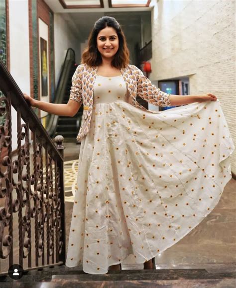 White Yellow Mirror Work Cotton Dress with Hand Block Printed Jacket