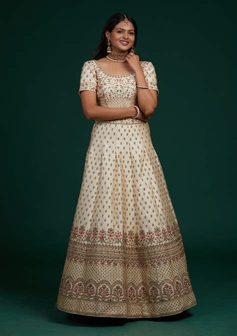 Buy Cream Zariwork Raw Silk Semi Stitched Lehenga - Koskii