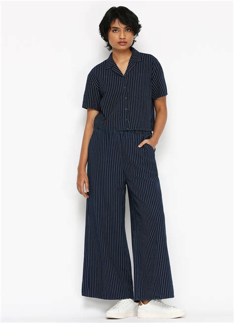 Dark Blue Striped High Waist Wide Leg Pants | Pepe Jeans India